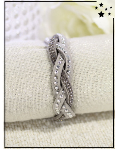 Bracelet tressé - Strass et rivets - Gris