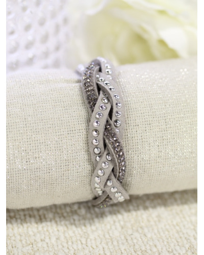 Bracelet tressé - Strass et rivets - Gris