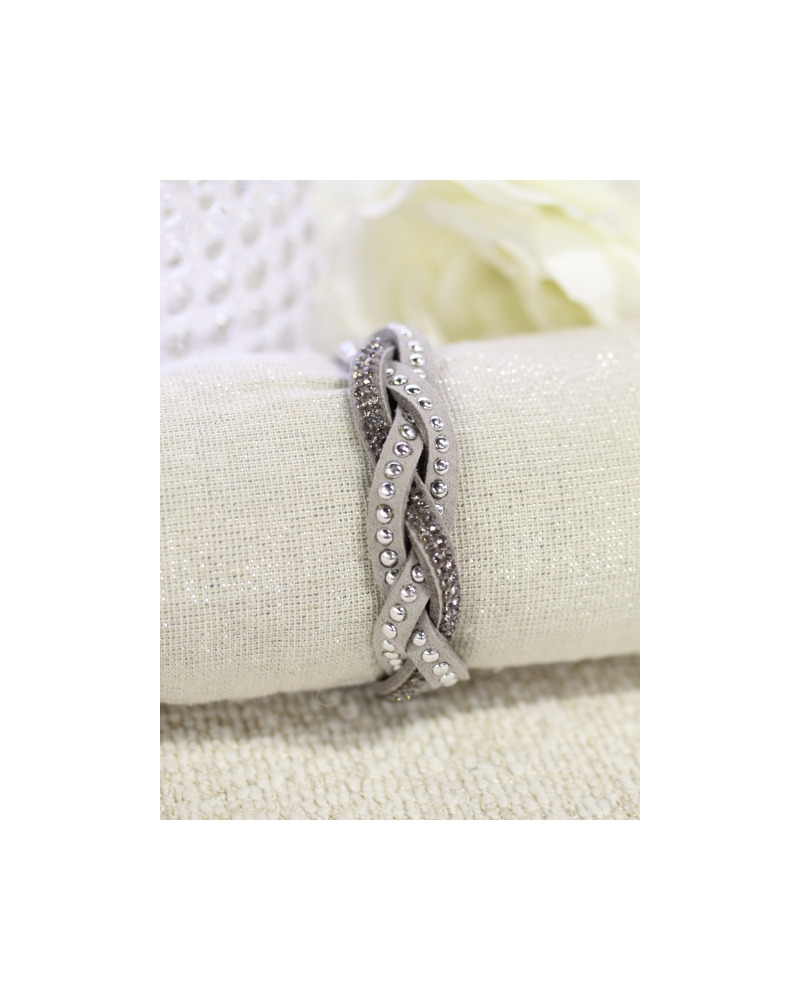Bracelet tressé - Strass et rivets - Gris