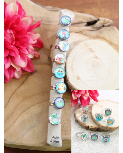 Lot x 8 bagues reglables - chouettes 