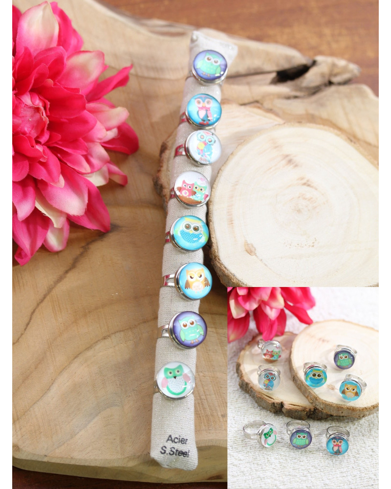 Lot x 8 bagues reglables - chouettes 