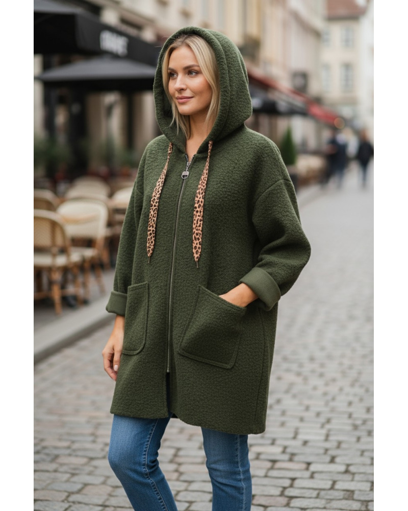 TU (max. 46) - Manteau à Zip Lacet Léop. Poches & Capuche - Bouclettes Couleur:V. Kaki clair