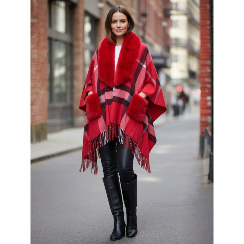 Veste / poncho à carreaux et franges - poches et col tout doux 