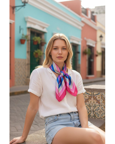 Carré satin - Fond blanc  - Rayures épaisses roses, bleues et violettes - Bordure rose