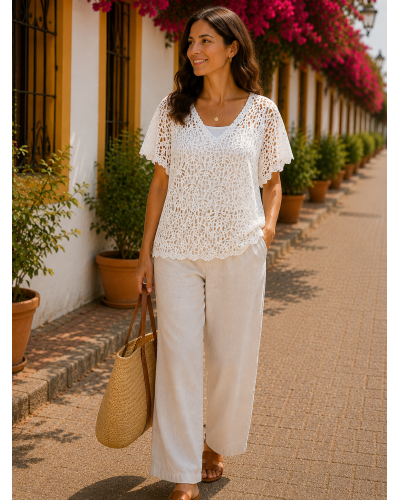 TU (max. 42) - 95% Cot. Maille Crochetée - Manches 3/4 - Col V 