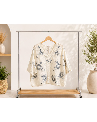 TU (max. 44) - 90% Cot. Broderie Florale - Manches 3/4 