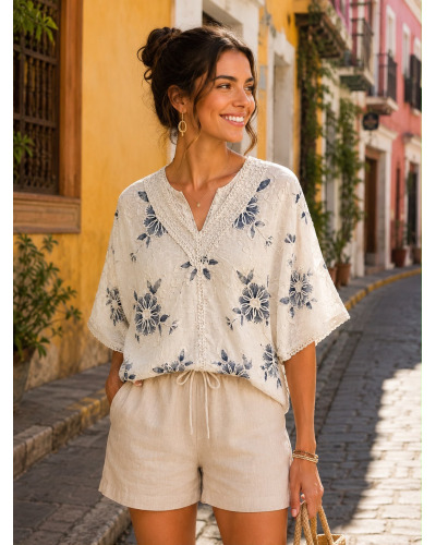 TU (max. 44) - 90% Cot. Broderie Florale - Manches 3/4 