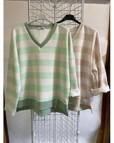 XXL - Col V pull Rayé- 73% poly / 22% visc / 5% elast Couleur:V. Vert