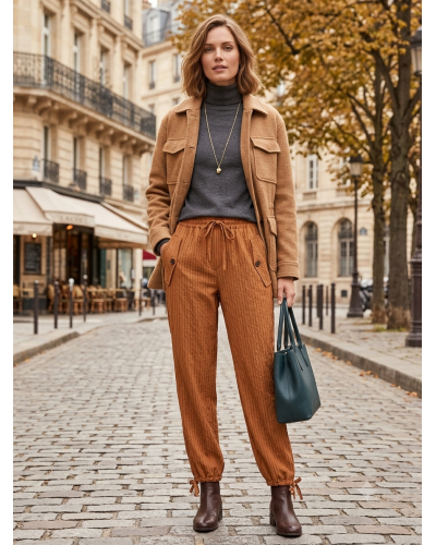 S-M- Pant. Uni à Rayures - 85% Modal/15% polye Couleur:CH. Camel Taille:S