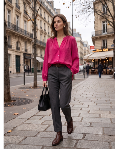 M-L - Col V Haut Uni - 82% cot./18% polye. Couleur:RE. Fushia Taille:M