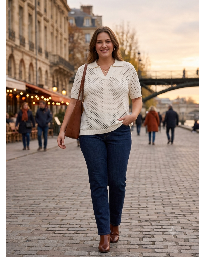 S-M-L-XXL - Col V Brill. Haut à trous - 65% cot./35% acry. Couleur:CR. Ecru Taille:XXL