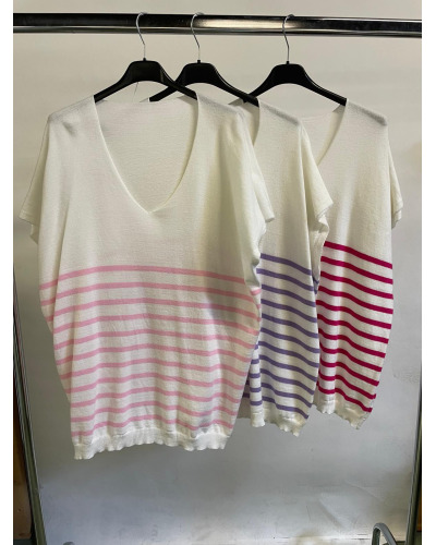 TU(Max 44) - Col V Pull à Rayures - 50% visc. 28% polye./ 22% polia Couleur:RE. Rose