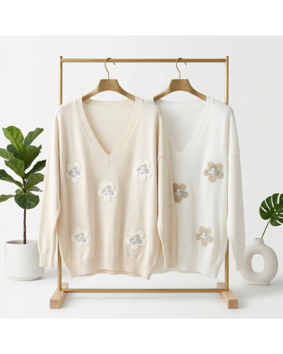 TU(max 44) - Col V Pull Impr. Floral - 95% visc./5% élast. Couleur:D. Blanc
