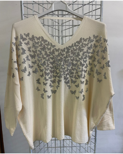 TU(max 44) - Col V Pull Impr. Papillon - 95% visc./5% élast. 