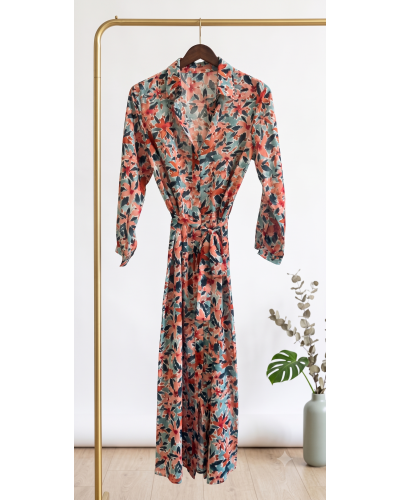 S-M-L - Robe Longue Impr. Floral à Bout. - 100% polye. 