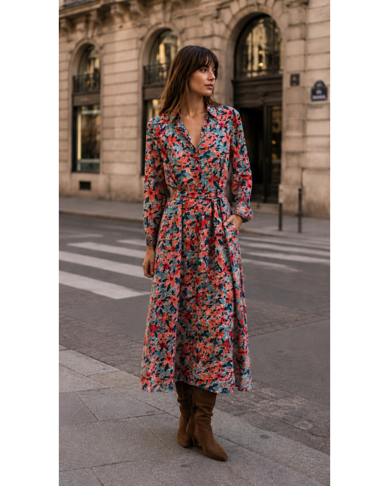 S-M-L - Robe Longue Impr. Floral à Bout. - 100% polye. 