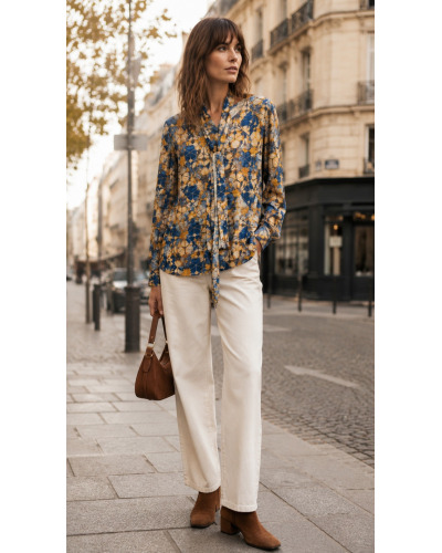 M-L - Col V Haut Impr. Floral - 50% visc./ 45% polye. / 5% elast. Taille:M