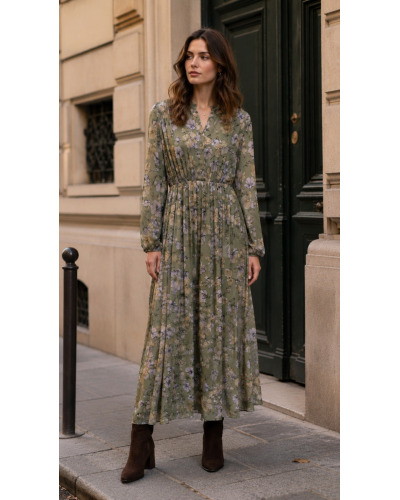 TU (Max 42) - Col V Robe longue Impr. Floral - 95% cot./5% elast. 