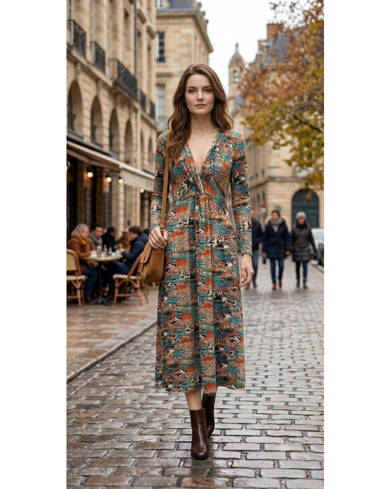 XL - Col V Impr. Léo. Robe - 45% visc. /50% polia/ 5% EA 
