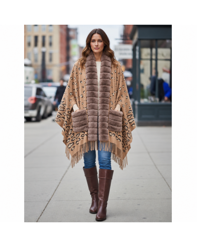Veste / poncho impr. Léop. À franges - manches et col tout doux 