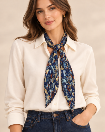 150cm - Foulard Ceinture T. Brill. impr. Fleurs bleues 