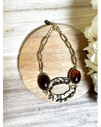 CO. Acier Inox. et Résine - Cabochons Ambre et Anneau Martelé 