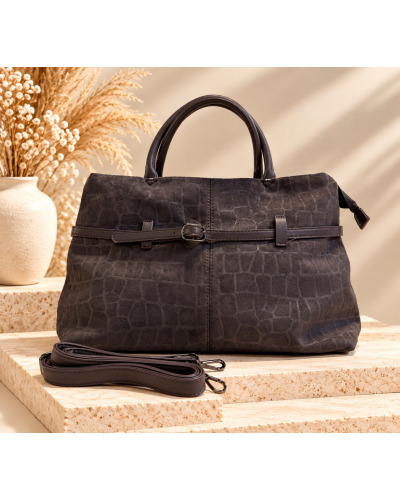 L40 x H25 cm - Sac Suédine Effet Croco et Similicuir - Détail Ceinture + Band. Couleur:CH. Chocolat