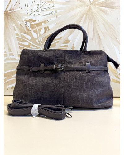 L40 x H25 cm - Sac Suédine Effet Croco et Similicuir - Détail Ceinture + Band. Couleur:CH. Chocolat