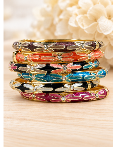 CLAC BR. Jonc Doré Acier Inoxydable - Fleurs Allongées et Strass Couleur:RE. Framboise