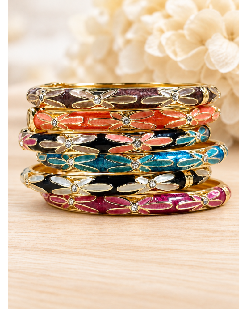 CLAC BR. Jonc Doré Acier Inoxydable - Fleurs Allongées et Strass Couleur:RE. Framboise