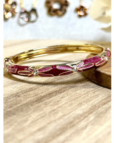 CLAC BR. Jonc Doré Acier Inoxydable - Fleurs Allongées et Strass Couleur:RE. Framboise