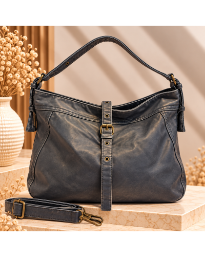 L41 x H33 cm - Sac Similicuir Effet Vieilli - Attache à Boucle + Band. Couleur:CH. Brun
