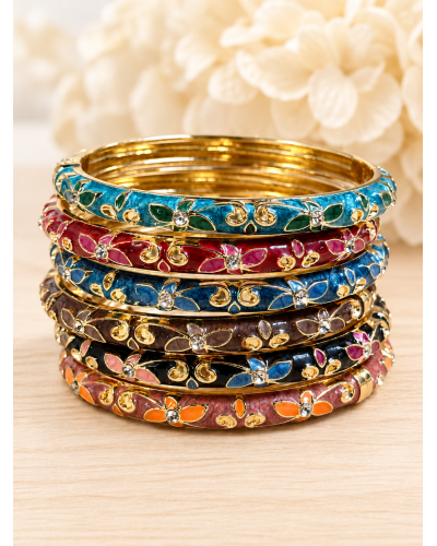 CLAC BR. Jonc Doré Acier Inoxydable - Fleurs, Arabesques et Strass Couleur:B. Turquoise