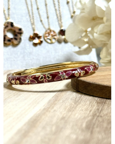 CLAC BR. Jonc Doré Acier Inoxydable - Fleurs, Arabesques et Strass Couleur:RE. Framboise