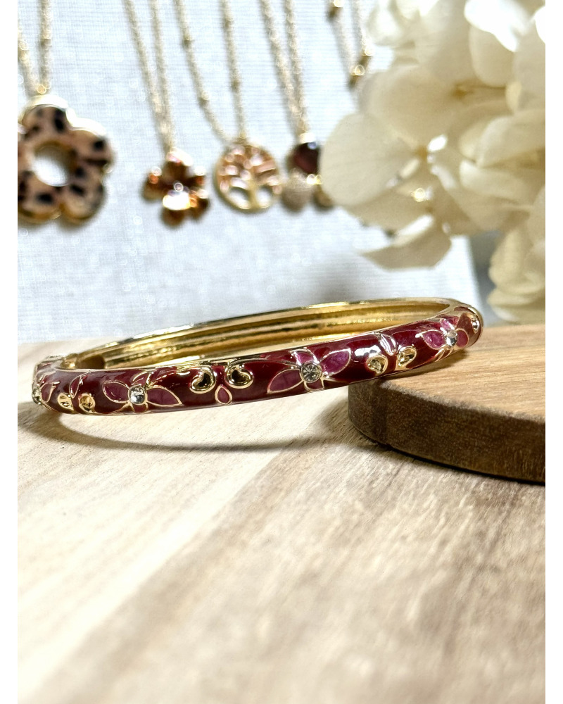 CLAC BR. Jonc Doré Acier Inoxydable - Fleurs, Arabesques et Strass Couleur:RE. Framboise