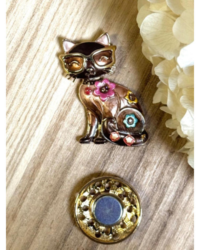 Broche Aimantée Chat à Lunettes Fleuri 