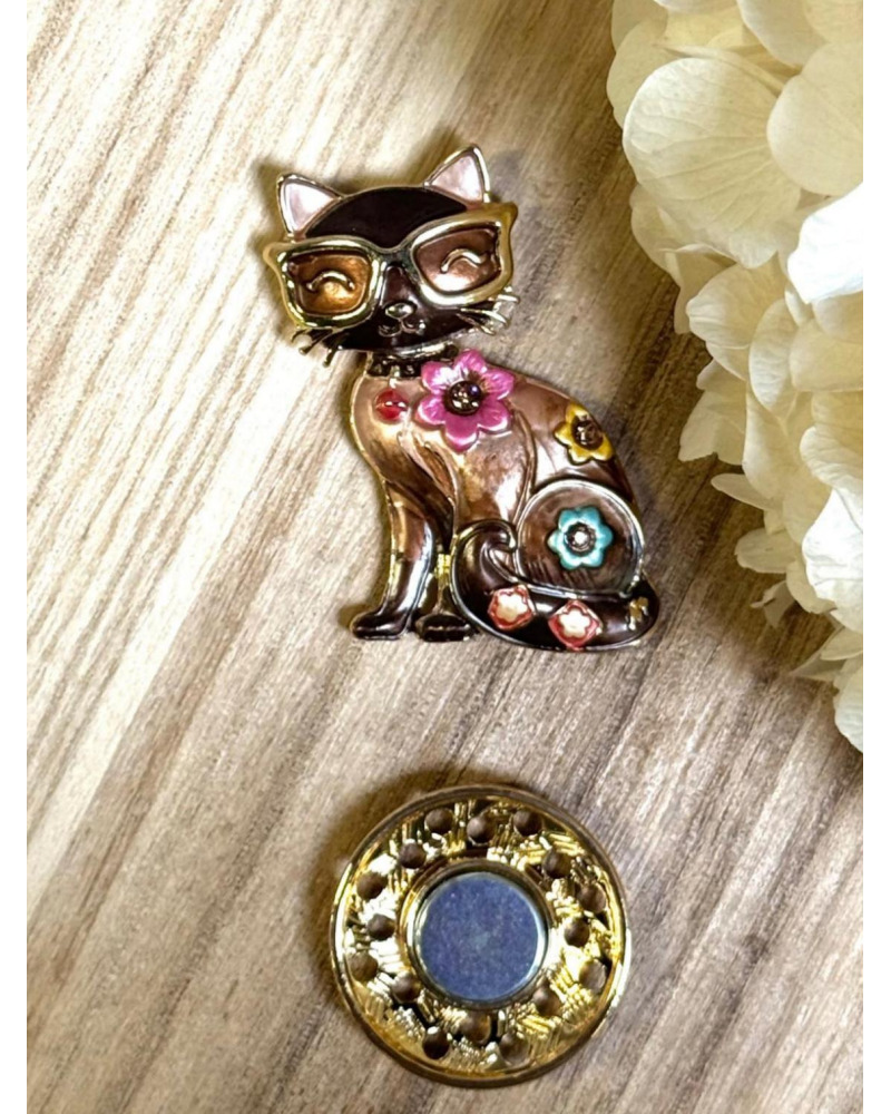 Broche Aimantée Chat à Lunettes Fleuri 