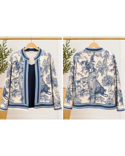 TU (max. 38 au 42) - Veste imprimée toile de Jouy bleue et écrue 95% polyester 5% élasthanne 