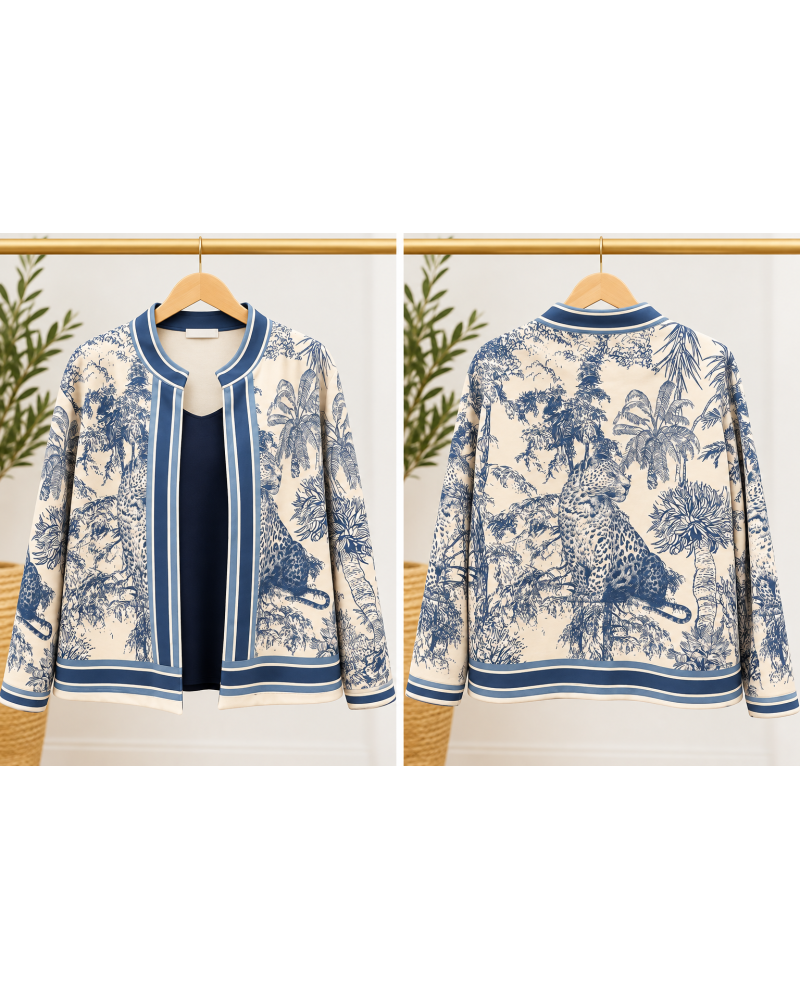 TU (max. 38 au 42) - Veste imprimée toile de Jouy bleue et écrue 95% polyester 5% élasthanne 