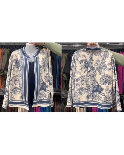 TU (max. 38 au 42) - Veste imprimée toile de Jouy bleue et écrue 95% polyester 5% élasthanne 