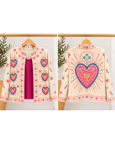 TU (max. 38 au 42) - Veste imprimée coeurs roses sur fond écru 95% polyester 5% élasthanne 