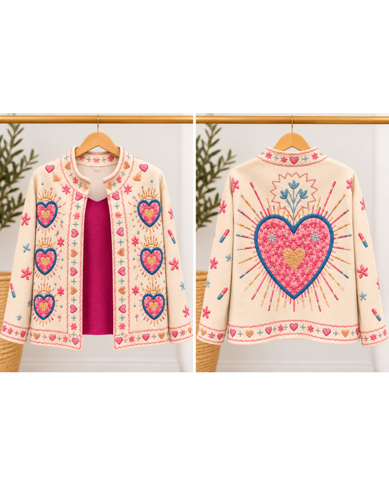 TU (max. 38 au 42) - Veste imprimée coeurs roses sur fond écru 95% polyester 5% élasthanne 