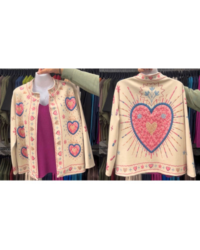 TU (max. 38 au 42) - Veste imprimée coeurs roses sur fond écru 95% polyester 5% élasthanne 