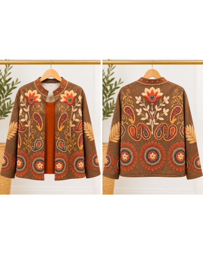 TU (max. 38 au 42) - Veste imprimée fleurs et volutes marron 95% polyester 5% élasthanne 