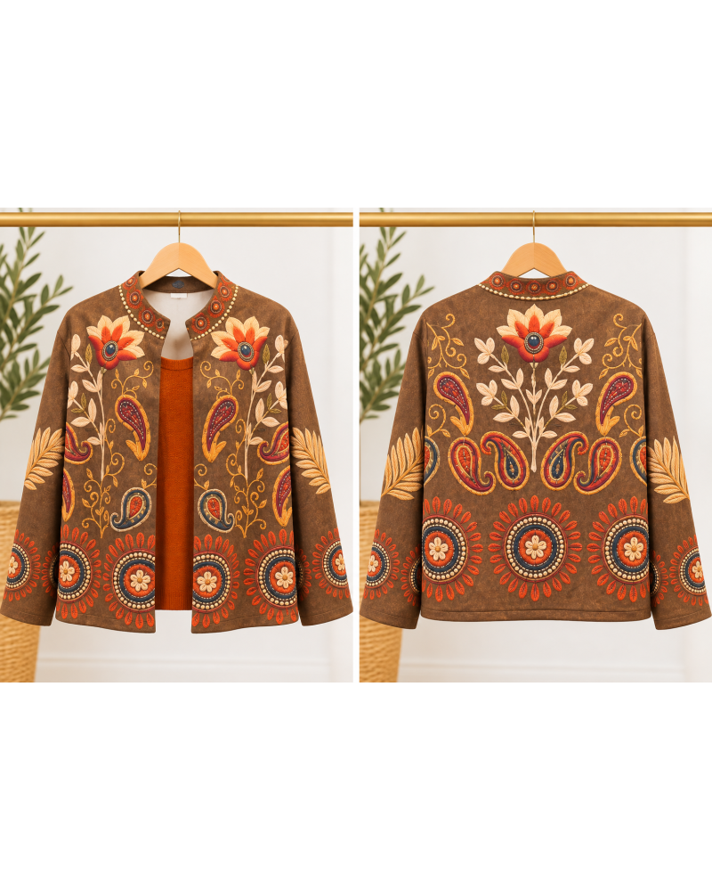 TU (max. 38 au 42) - Veste imprimée fleurs et volutes marron 95% polyester 5% élasthanne 