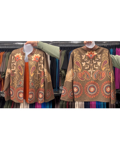 TU (max. 38 au 42) - Veste imprimée fleurs et volutes marron 95% polyester 5% élasthanne 