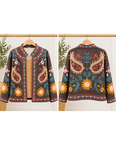 TU (max. 38 au 42) - Veste imprimée papillons et fleurs marron ou verte 95% polyester 5% élasthanne 