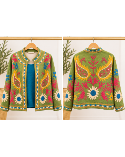 TU (max. 38 au 42) - Veste imprimée papillons et fleurs marron ou verte 95% polyester 5% élasthanne Couleur:V. Anis