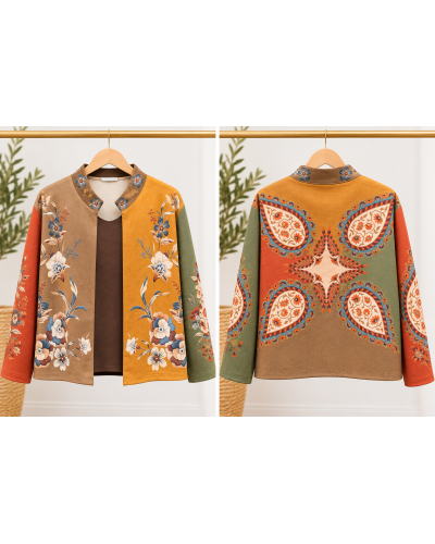 TU (max. 38 au 42) - Veste imprimée motifs graphiques et fleurs camel 95% polyester 5% élasthanne 