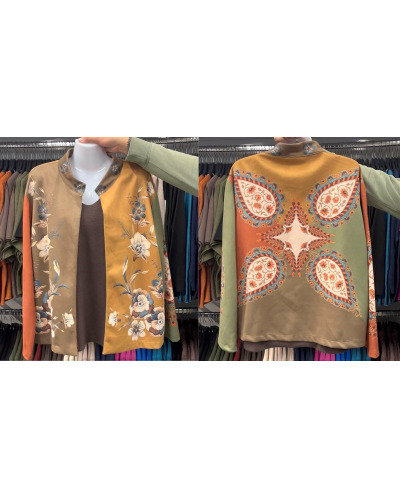 TU (max. 38 au 42) - Veste imprimée motifs graphiques et fleurs camel 95% polyester 5% élasthanne 